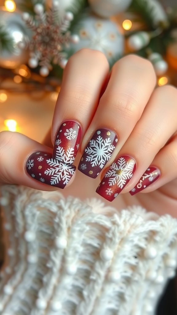 Elegant brown winter Christmas nails with snowflakes and gold accents.